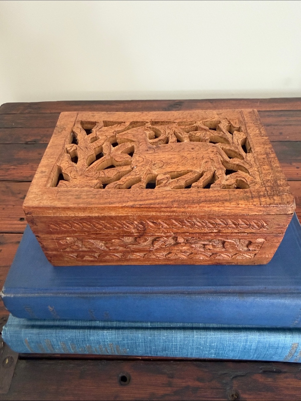 Vintage Hand Carved Wood Box Deer Design Keepsake Trinket.